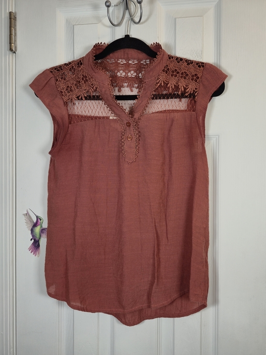 Sweet Wanderer Tops - Sweet Wanderer Rose Clay Boho Crochet Lace Mesh Yoke Gauze Blouse Size M